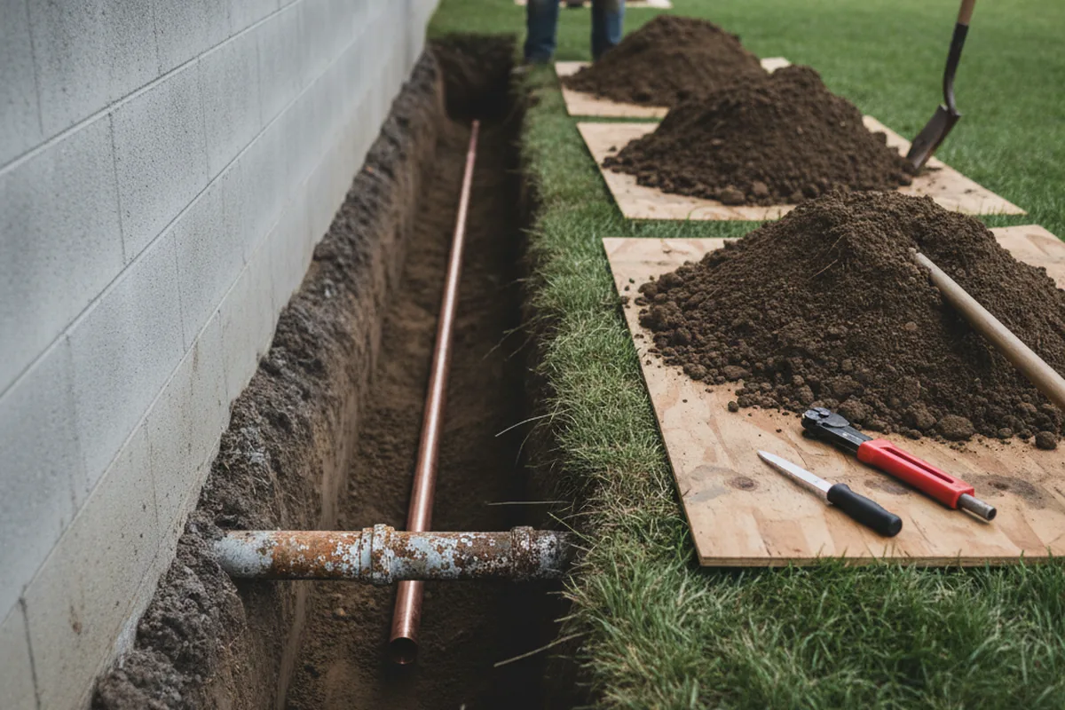 Excavated water line trench during Sewer Line Repair in Bartlett